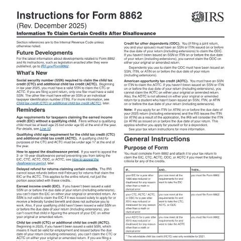 Document preview: Mastering IRS Form 8862 Instructions for Tax Credit Claims — Taxes (CERFA n°INST-8862)