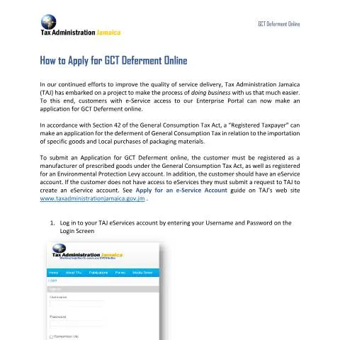 Document preview: Understanding the GCT Deferment Application Process in Jamaica — Taxes (CERFA n°Guide+-+Application+for+GCT+Deferment-how+to+guide_2024)