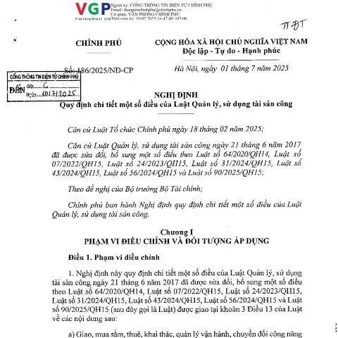 Document preview: Nghị định 186/2025/NĐ-CP và ứng dụng trong quản lý tài sản công — Thuế & tài chính (CERFA n°186/2025/NĐ-CP)