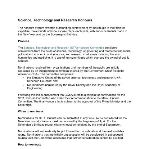 Document preview: Nomination Form for Science, Technology and Research Honours — Government & admin