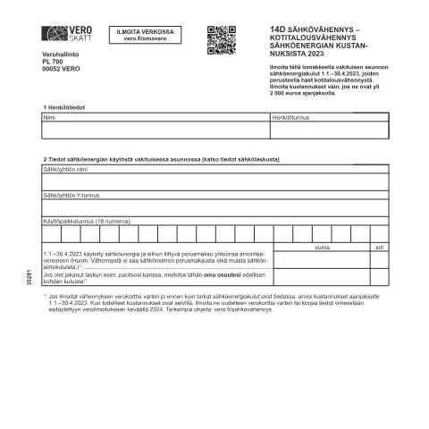 Document preview: Ymmärrä 14D Sähkövähennys ja sen merkitys — Verot & verotus (CERFA n°Vero 3028)