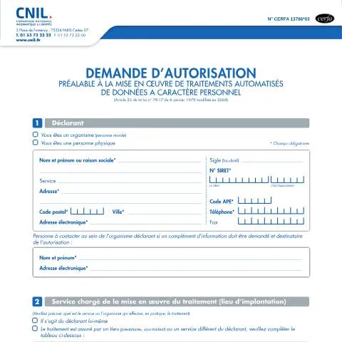 Aperçu du document Demande d'autorisation préalable RGPD : guide du formulaire 13786*03 — Démarches administratives (CERFA n°13786*03)