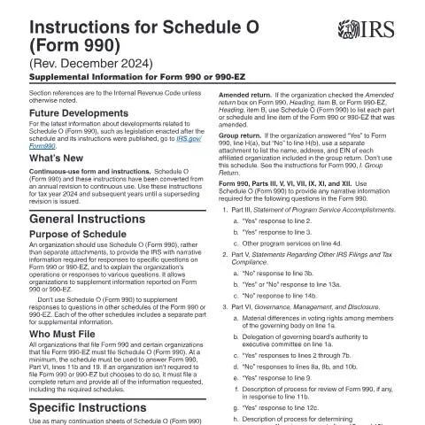 Document preview: Mastering the IRS Instructions for Schedule O (Form 990) — Taxes (CERFA n°INST-990SO)