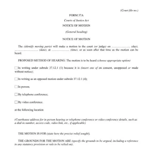 Document preview: Understanding the Notice of Motion (Form 37A) in Ontario Courts — Legal & justice (FORM 37A)