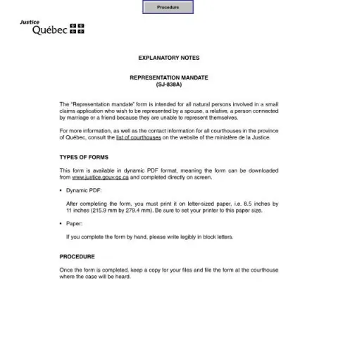 Document preview: Understanding the Representation Mandate (SJ-838A) in Quebec Small — Legal & justice (SJ-838A)