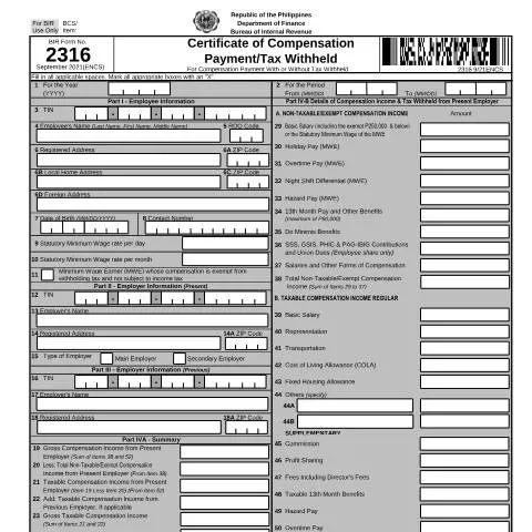 Document preview: Understanding BIR Form No. 2316 for Employees — Taxes (CERFA n°2316)