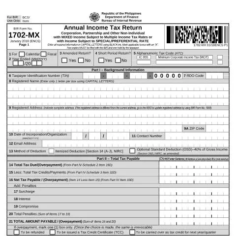 Document preview: Understanding BIR Form No. 1702-MX for Non-Individual Taxpayers — Taxes (CERFA n°1702-MX)