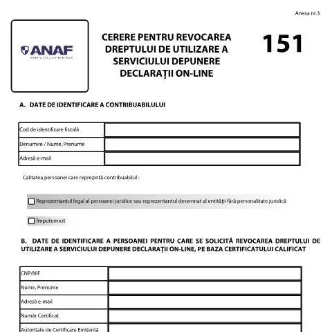 Document preview: Revocarea dreptului de utilizare a serviciului ANAF — Formalități administrative (CERFA n°C151_2213_2025)