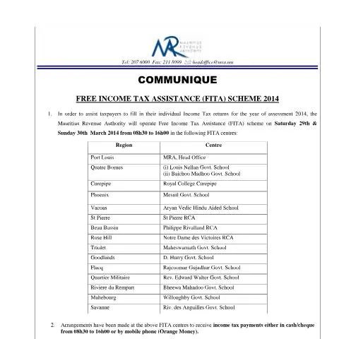 Document preview: Overview of the Free Income Tax Assistance Scheme 2014 in Mauritius — Taxes (CERFA n°FITAcommunique)