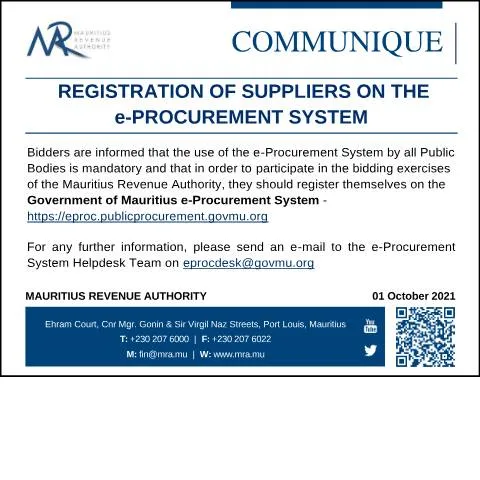 Document preview: Guide to Supplier Registration on Mauritius e-Procurement System — Government & admin (CERFA n°Communique011021)