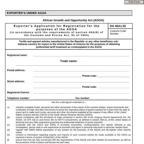 Document preview: Understanding the DA 46A1 02 Form for AGOA Registration — Government & admin (CERFA n°DA 46A1 02)