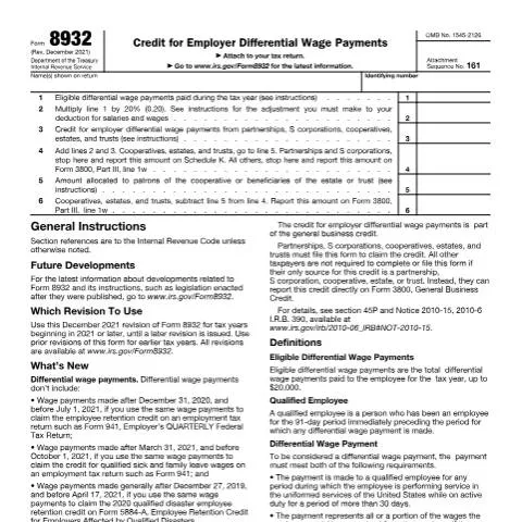 Document preview: Understanding IRS Form 8932 for Differential Wage Payments — Taxes (CERFA n°8932)