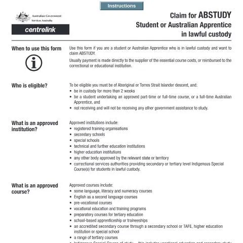 Document preview: How to Claim ABSTUDY for Students or Apprentices in Custody — Benefits & social aid (CERFA n°SY022)