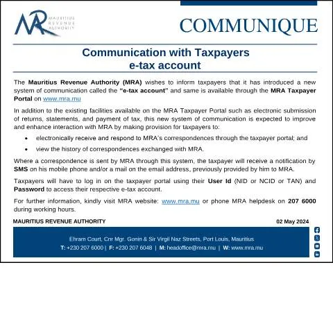 Document preview: Mauritius Revenue Authority Launches New e-tax Account System — Taxes (CERFA n°Communique020524)