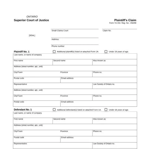 Document preview: Understanding the Plaintiff’s Claim Form (Form 7A) in Ontario Superior — Legal & justice (Form 7A)