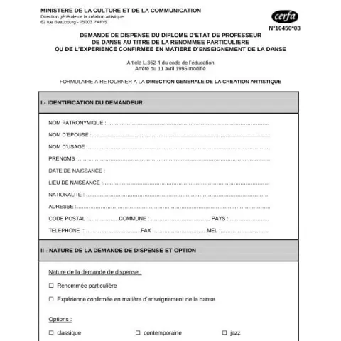 Aperçu du document Procédure de dispense du diplôme d'État de professeur de danse — Études & formation (N°10450*03)