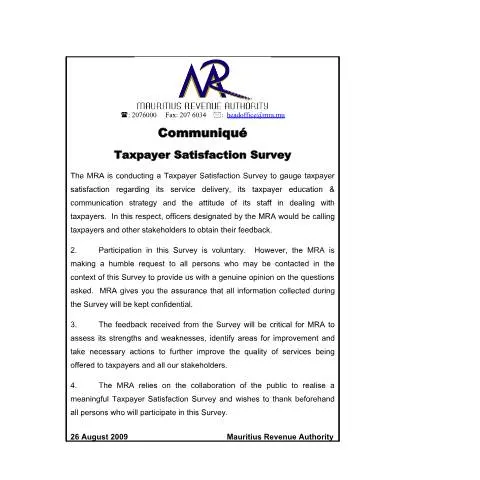 Document preview: Mauritius Revenue Authority's 2009 Taxpayer Satisfaction Survey — Government & admin (TaxpayerSatisfCommunique)