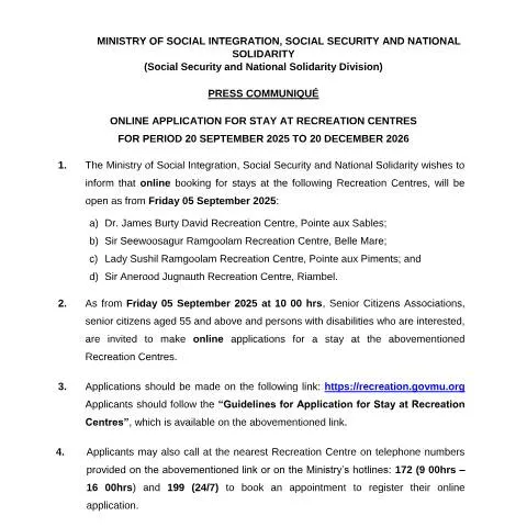 Document preview: Online Booking for Recreation Centre Stays September 2025 , December — Government & admin (CERFA n°Press-communique-2025-22.08.25)