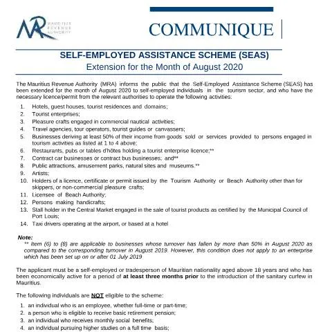 Document preview: Extension of Self-Employed Assistance Scheme (SEAS) for August 2020 — Work & employment (CERFA n°CommuniqueSEAS250820)