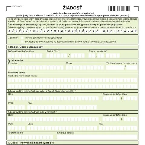 Document preview: Potvrdenie daňovej rezidencie a formulár ZIA51G1v21 — Administratívne úkony (CERFA n°ZIA51G1v21)