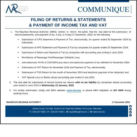 Document preview: Essential Guide to Filing Returns & Statements in Mauritius — Taxes (CERFA n°FilingReturns171224)