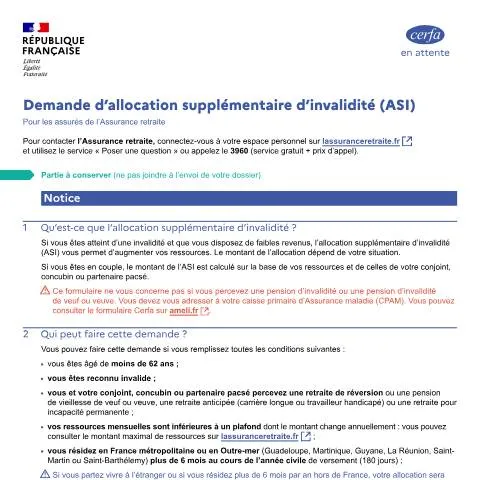 Aperçu du document Formulaire 13679*02 : obtenir l'ASI avec une pension anticipée — Retraite & pension (CERFA n°13679*02)