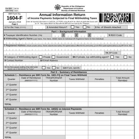 Document preview: Understanding BIR Form No. 1604-F for Withholding Agents — Government & admin (CERFA n°1604-F)