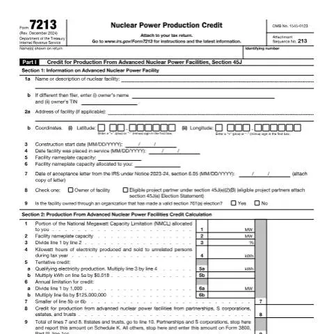 Document preview: Essential Guide to Filing IRS Form 7213 for Nuclear Credits — Taxes (CERFA n°7213)