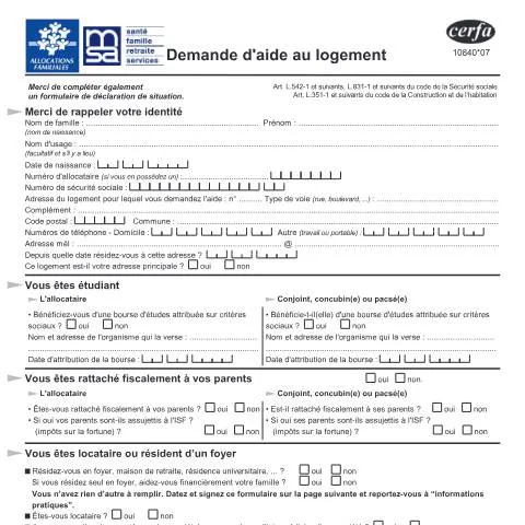 Aperçu du document Aide au logement étudiant : tout savoir sur le formulaire 10840*07 — Logement (CERFA n°10840*07)