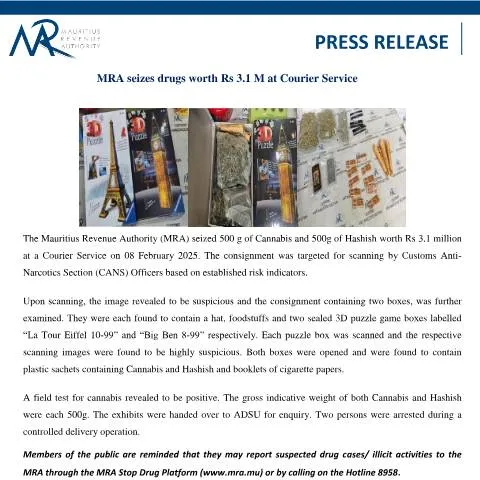 Document preview: Understanding the MRA's Role in Recent Drug Seizure — Government & admin (PressRelease120225)