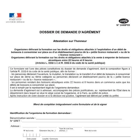 Aperçu du document Formulaire 14408*03 : demande d'agrément organisme de formation — Études & formation (CERFA n°14408*03)