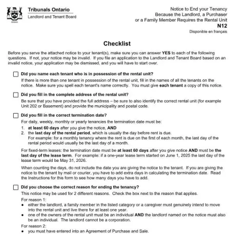 Document preview: Understanding the N12 Notice: When and How to Use It in Ontario (English / French) — Housing (N12)