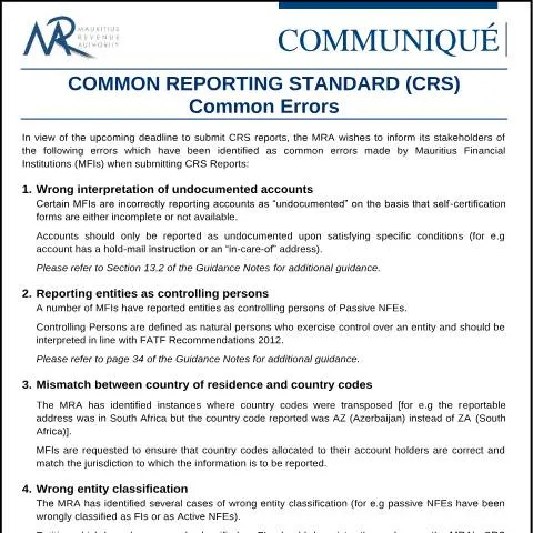 Document preview: Understanding Common Reporting Standard Reporting Pitfalls — Taxes (CERFA n°CommuniqueCRS100621)