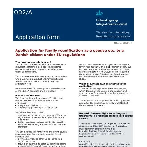Document preview: Sådan søger du familiesammenføring som ægtefælle i Danmark under — Immigration & visa (CERFA n°OD2/A)