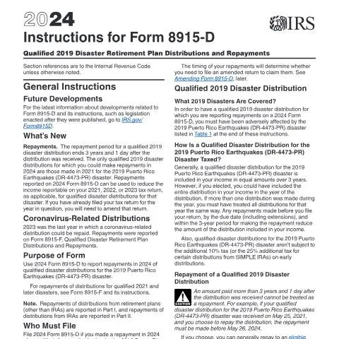Document preview: Understanding IRS Instructions i8915D for Disaster Relief — Taxes (CERFA n°INST-8915D)