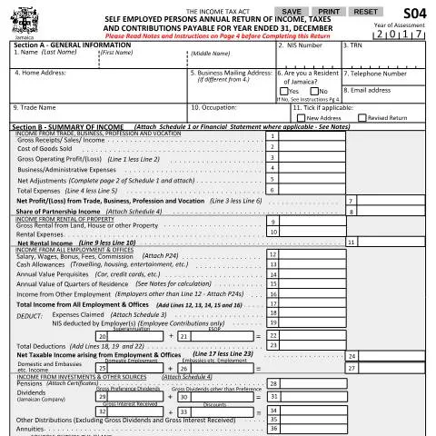 Document preview: Understanding Jamaica's Self-Employed Income and Tax Return Form — Government & admin (CERFA n°S04_23012018)