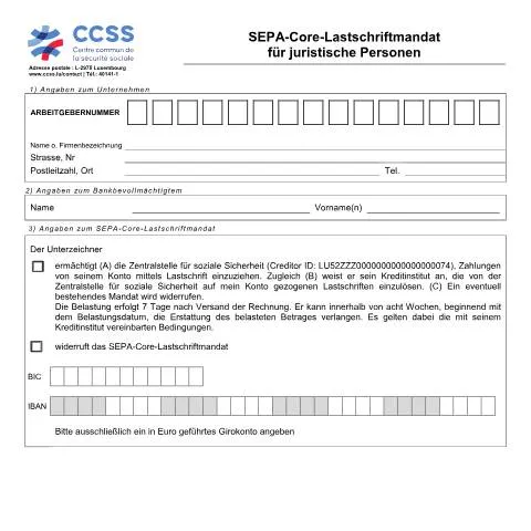 Aperçu du document Comprendre le Lastschriftmandat pour les entreprises au Luxembourg — Démarches administratives (CERFA n°ccss-formulaire-domiciliation-sepa-personnes-morales)