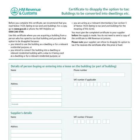 Document preview: Understanding HMRC's Certificate to Disapply Option to Tax Buildings — Taxes
