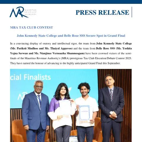 Document preview: John Kennedy State College and Belle Rose SSS Shine in MRA Tax Club — Government & admin (PressRelease270825)