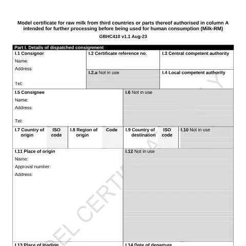 Document preview: Raw Milk Import Requirements: GBHC410 Health Certificate Process — Health