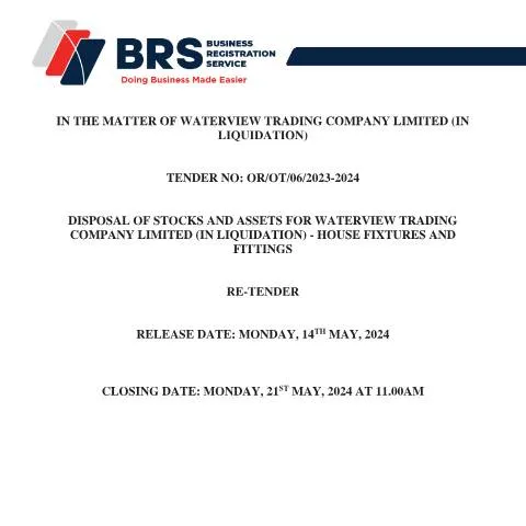 Document preview: Understanding the Tender Process for Waterview Trading Company Assets — Government & admin (CERFA n°TENDER-DOCUMENT-FOR-DISPOSAL-OF-STOCKS-AND-ASSETS-FOR-WATERVIEW-TRADING-COMPANY-LIMITEDIN-LIQUIDATION-1)