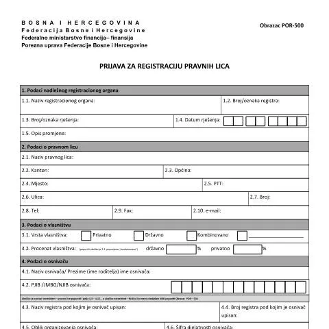 Document preview: Kako se registrovati kao pravno lice u Bosni i Hercegovini — Porezi i fiskalnost (CERFA n°POR-500)