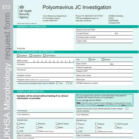 Document preview: Essential Guide to the Polyomavirus JC Investigation Request Form E13 — Health