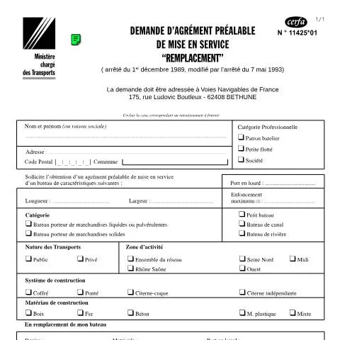 Aperçu du document Autorisation de remplacement de navire commercial — Démarches administratives (CERFA n°11425*01)