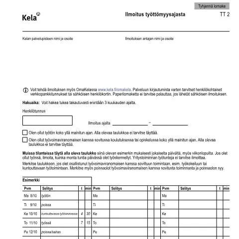 Document preview: Työttömyysajan ilmoituksen merkitys ja sisältö — Työ & työllisyys (CERFA n°Kela TT 2)