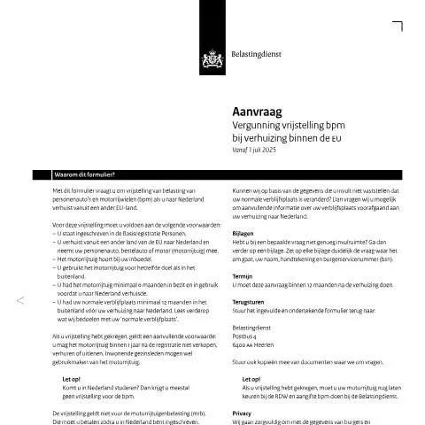Documentvoorvertoning: Aanvraag vrijstelling bpm bij verhuizing binnen de EU — Belastingen (CERFA n°bpm0502z14fol)