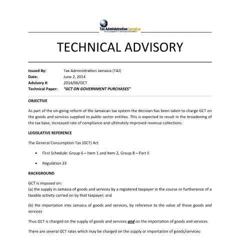 Document preview: Understanding the 2014.06.GCT Advisory on Government Purchases in — Taxes (CERFA n°technical+advisory+-+2014+06+gct+on+government+purchases)