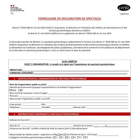 Aperçu du document Comment déclarer un spectacle pyrotechnique en France — Démarches administratives (CERFA n°14098*02)