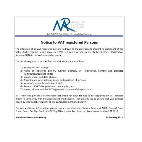 Document preview: Mauritius VAT Invoice Requirements Update 2011 — Taxes (CERFA n°CommuniqueVATinvoice)