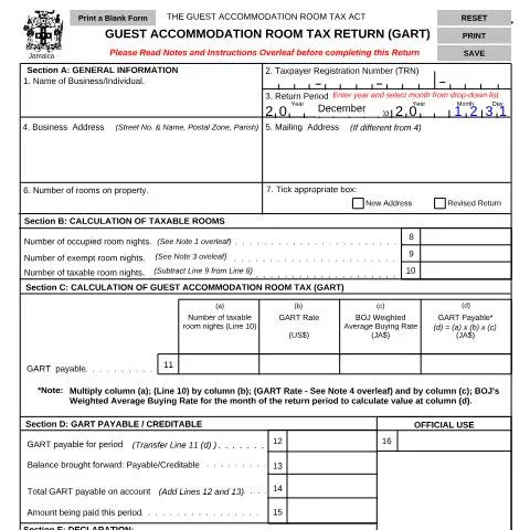 Document preview: Understanding the RT01 Guest Accommodation Room Tax Return in Jamaica — Taxes (CERFA n°rt01_gart_form)